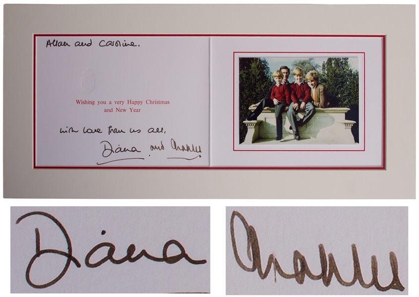 Princess Diana and Prince Charles Signed Christmas Card From 1990 -- With Family Portrait Featuring William & Harry